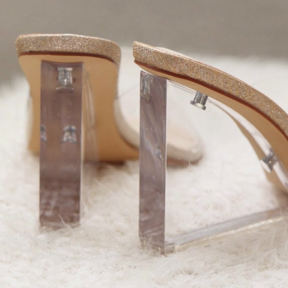 NEW Clear Transparent Wedge Slip On Square Toe Mule Sandal Heels Champagne Gold - Picture 8 of 8
